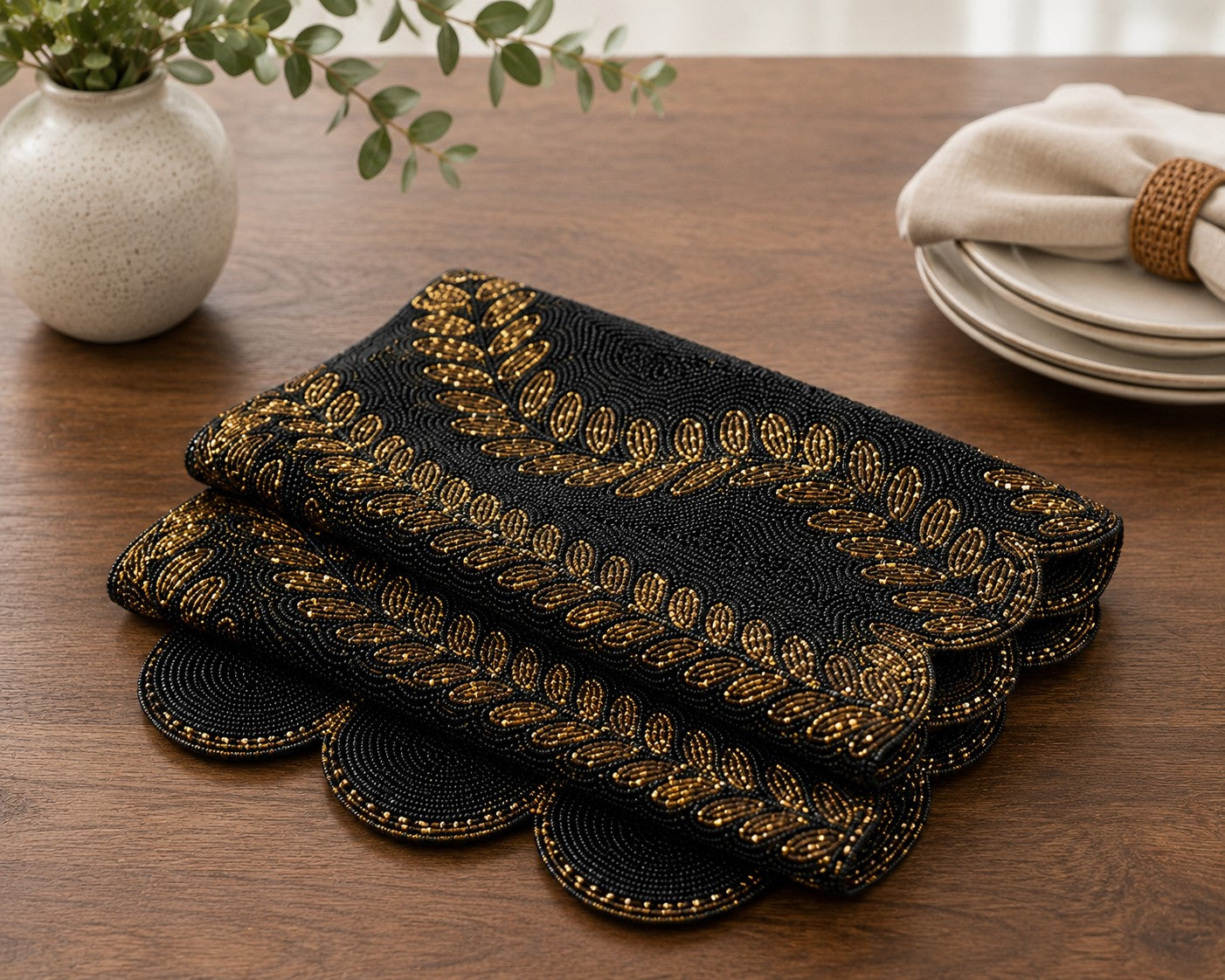 Handcrafted Black & Gold Beaded Table Runner / Ruchi