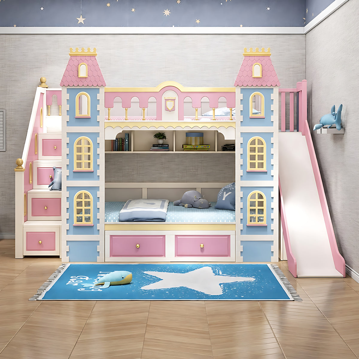 Wooden Castle Bunk Bed With Slide