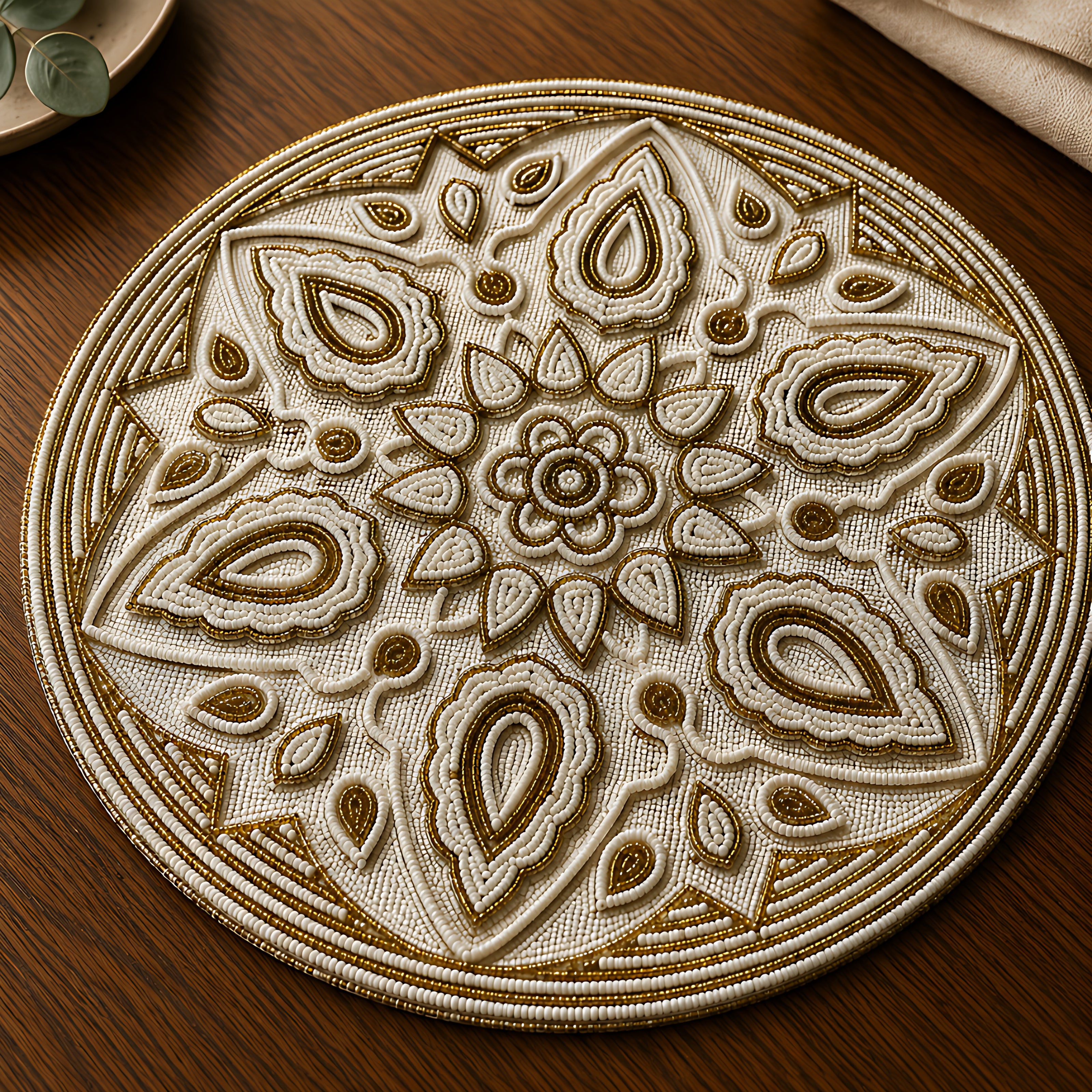Ornate Gold & Ivory Beaded Round Placemat / Ruchi