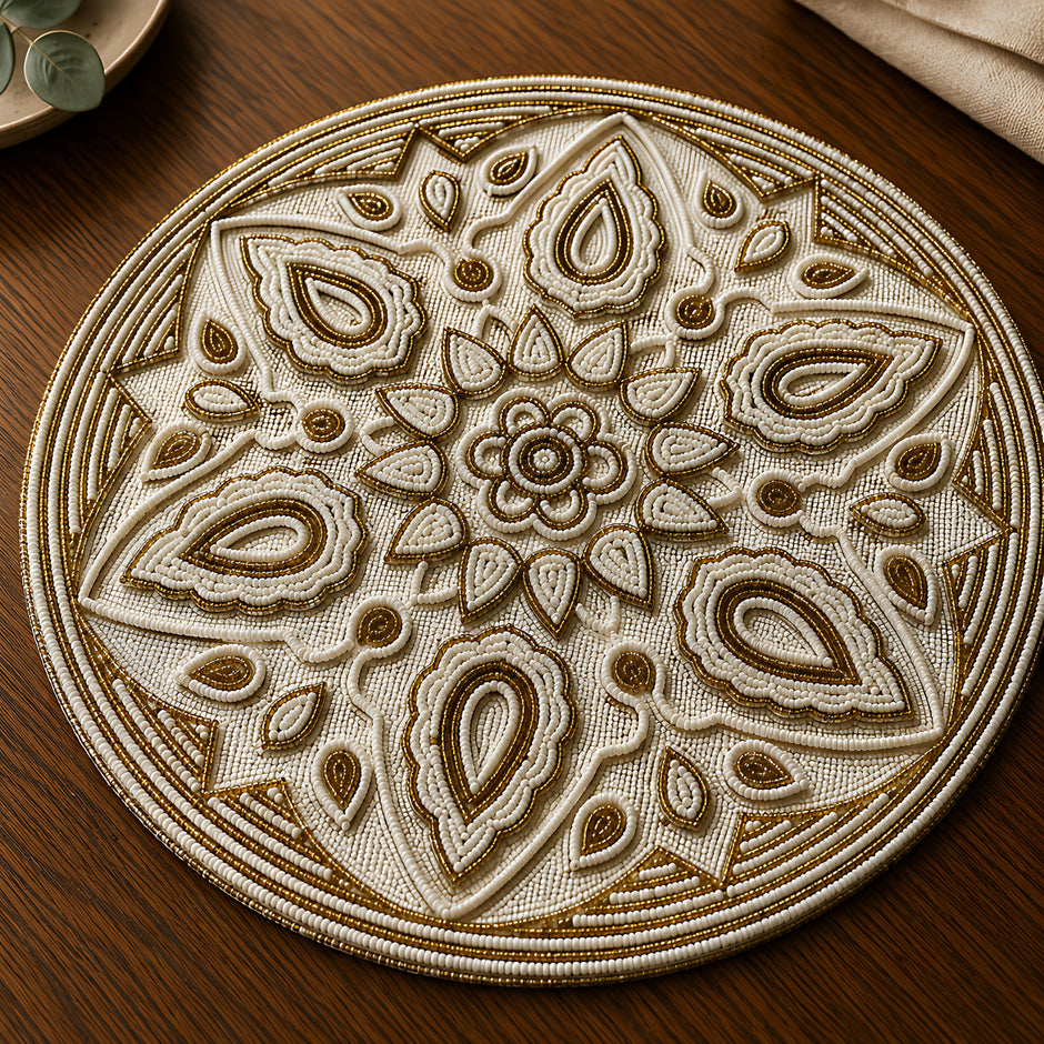 Ornate Gold & Ivory Beaded Round Placemat / Ruchi