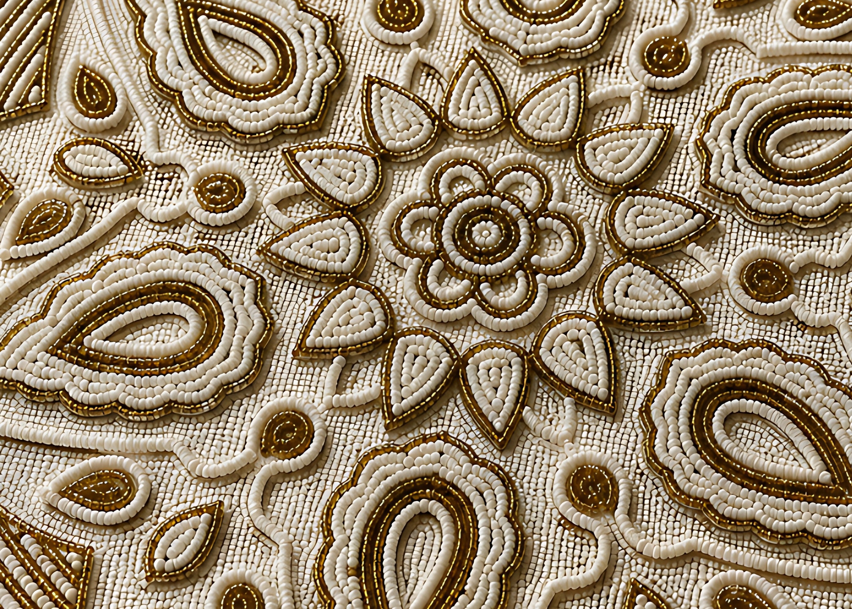 Ornate Gold & Ivory Beaded Round Placemat / Ruchi