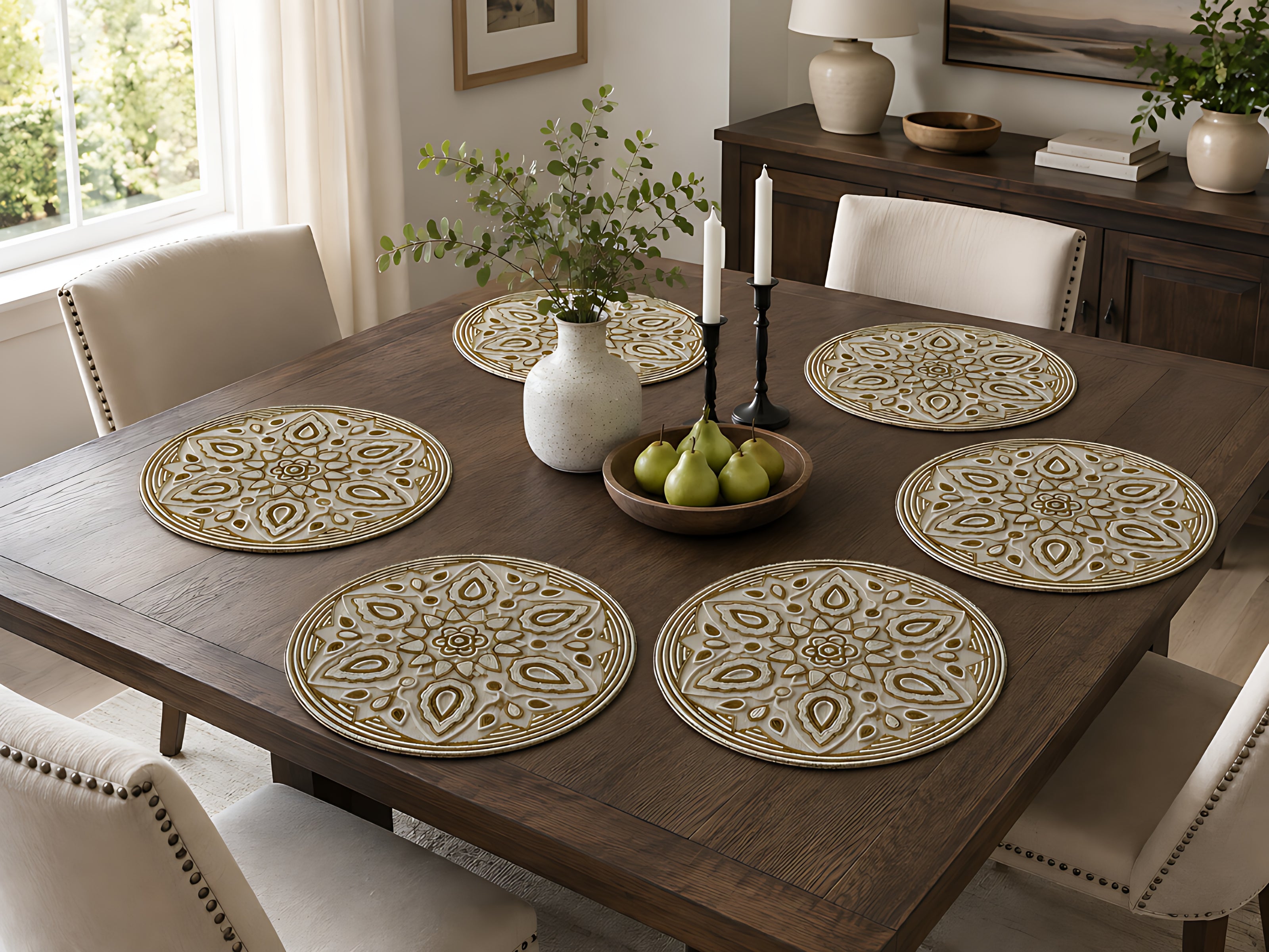 Ornate Gold & Ivory Beaded Round Placemat / Ruchi
