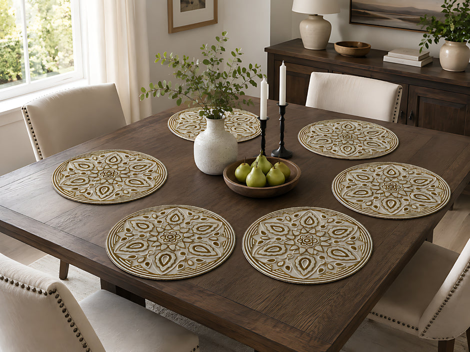 Ornate Gold & Ivory Beaded Round Placemat / Ruchi