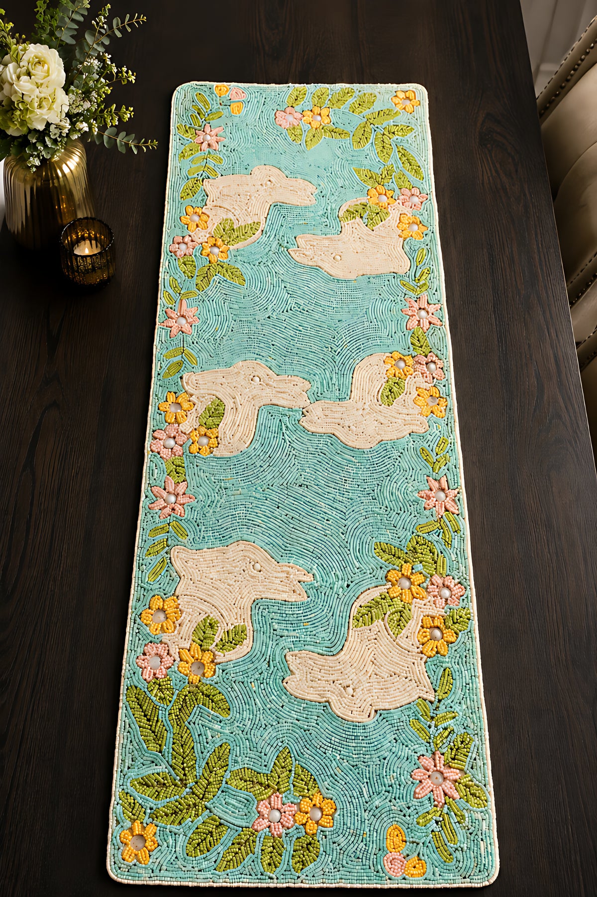 Multicolor Beaded Embroidered Table Runner / Ruchi