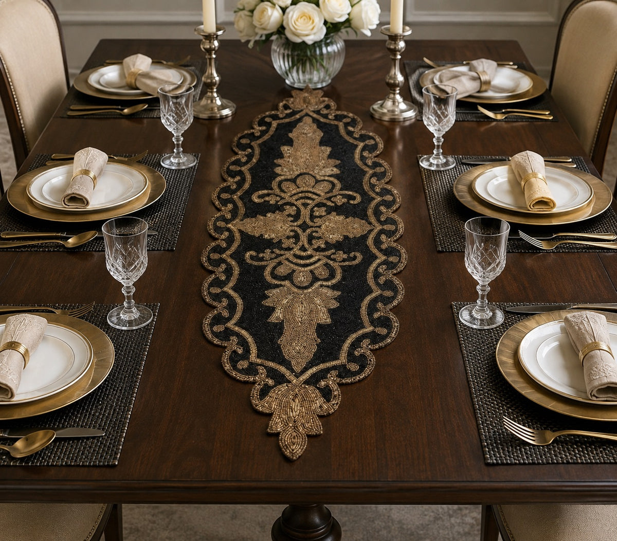 Gold Black Oval Beaded Runner / Ruchi