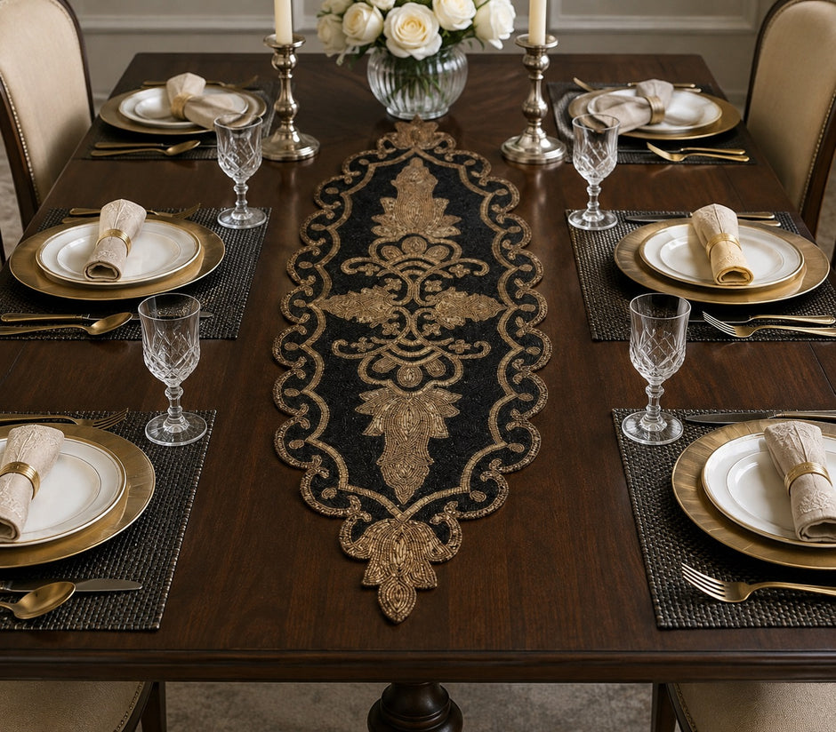 Gold Black Oval Beaded Runner / Ruchi