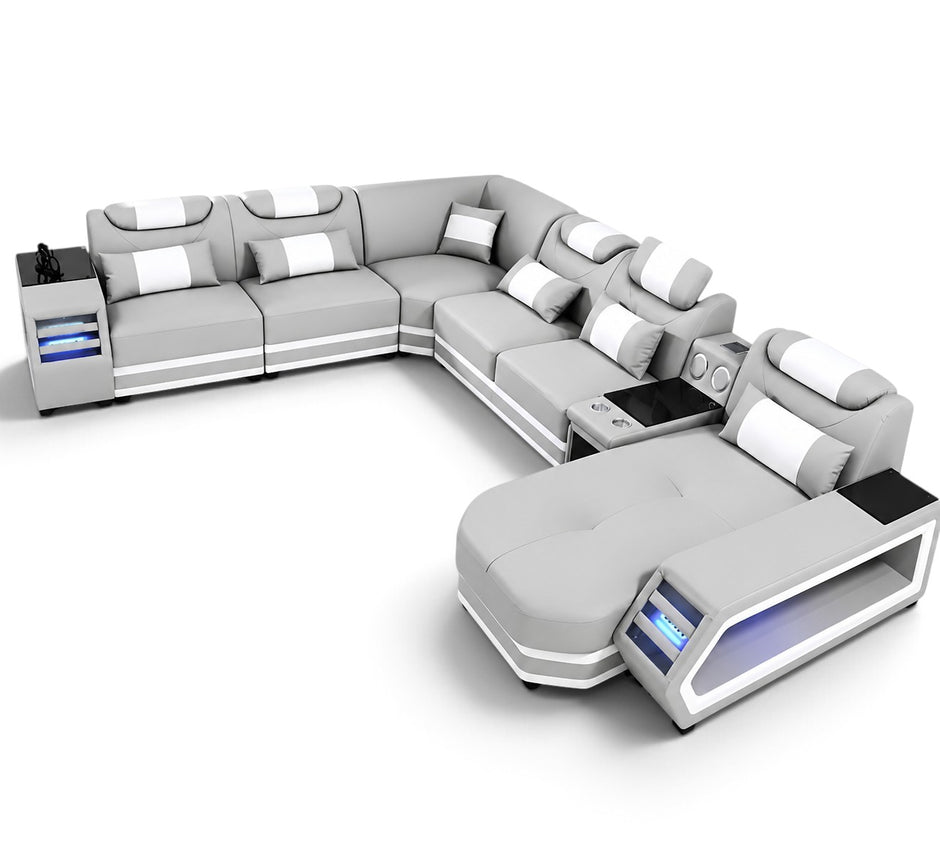 U-Shaped LED Leather Sectional Sofa With Chaise / Ruchi