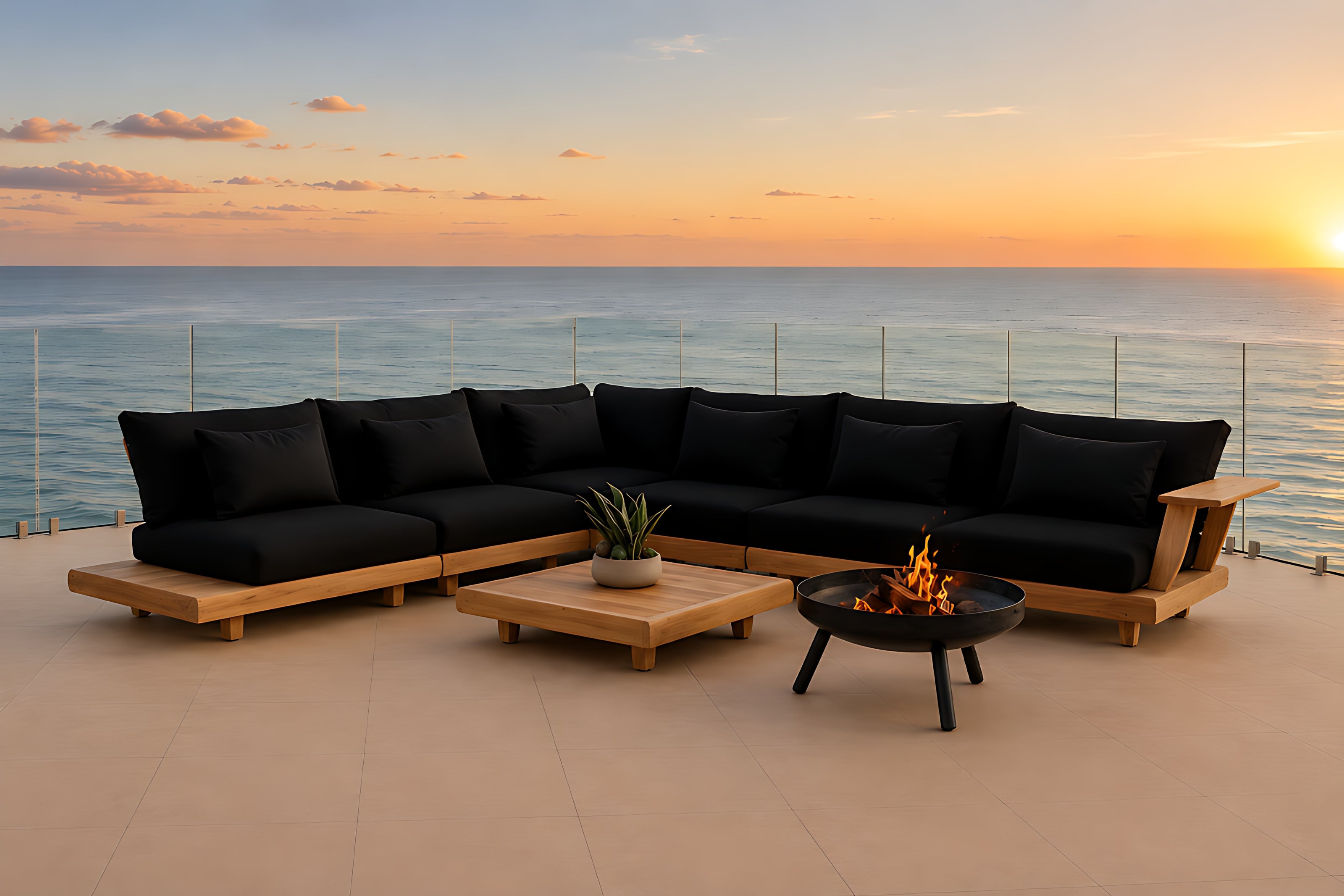 Modern Outdoor L-Shaped Wooden Sectional Sofa / Ruchi