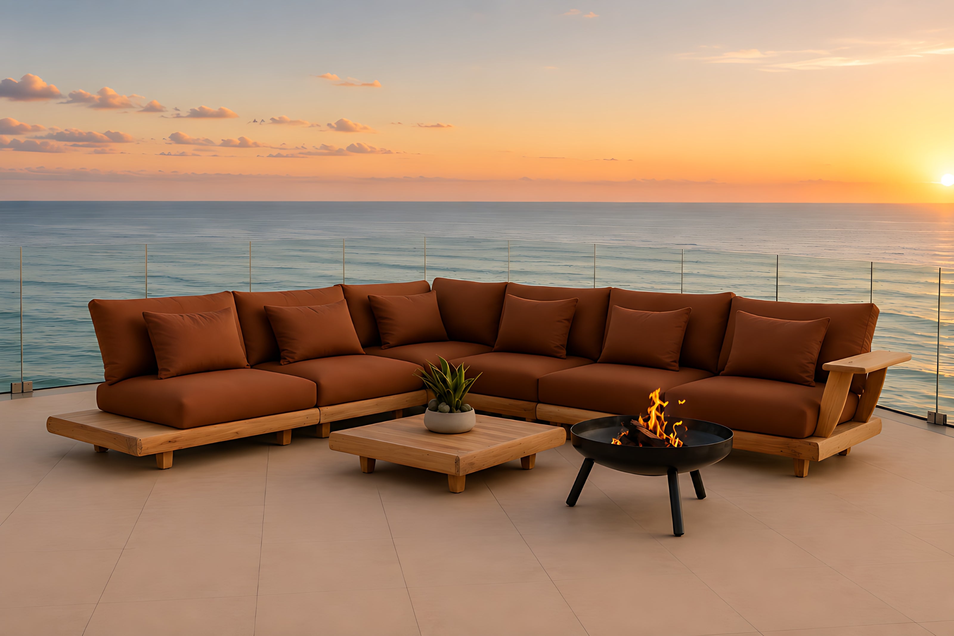 Modern Outdoor L-Shaped Wooden Sectional Sofa / Ruchi