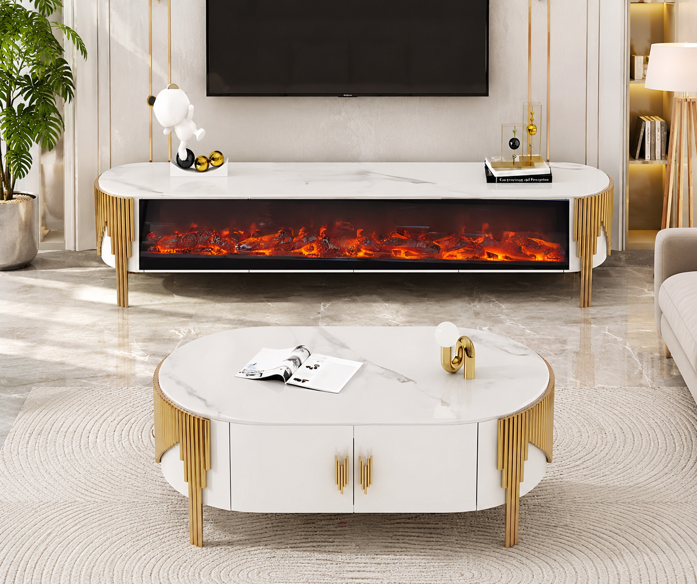 Marble Coffee Table And TV-Stand With LED Electric Fireplace / Ruchi