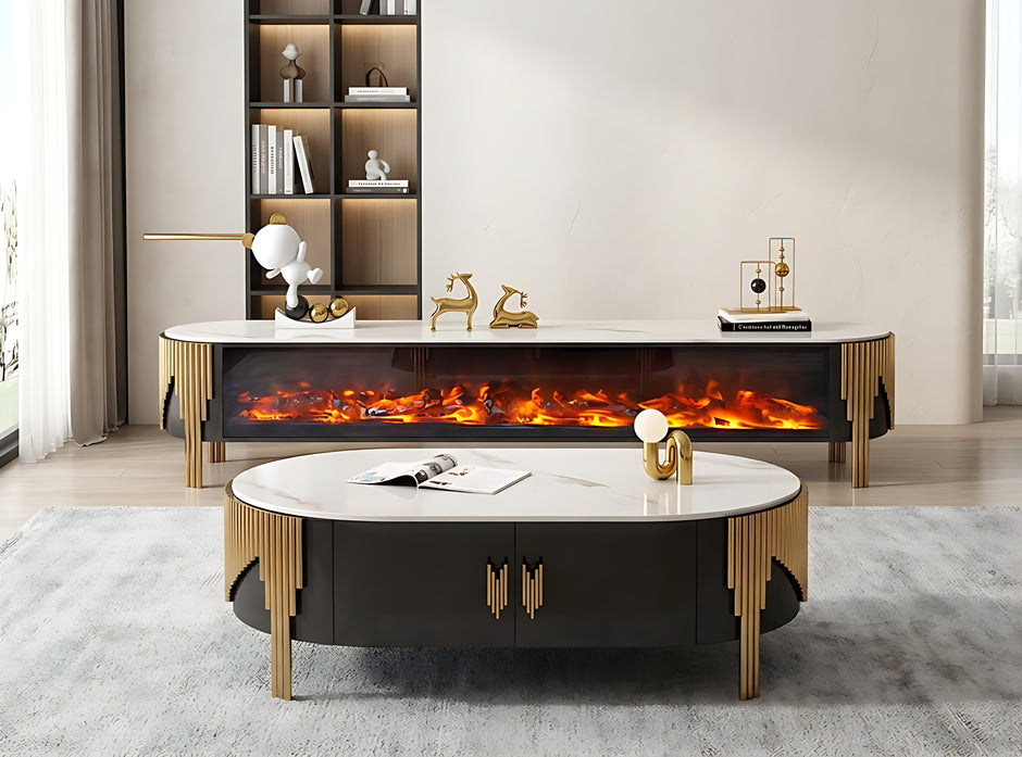 Marble Coffee Table And TV-Stand With LED Electric Fireplace / Ruchi
