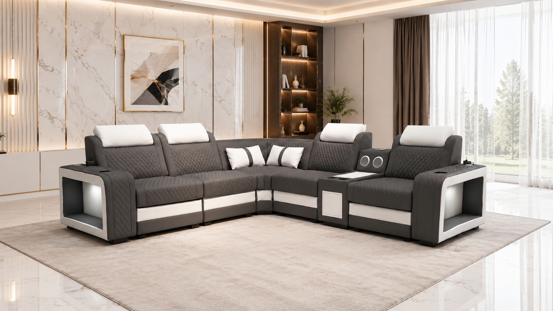 Genuine Leather Electric Recliner Sofa And Coffee Table With LED / Ruchi