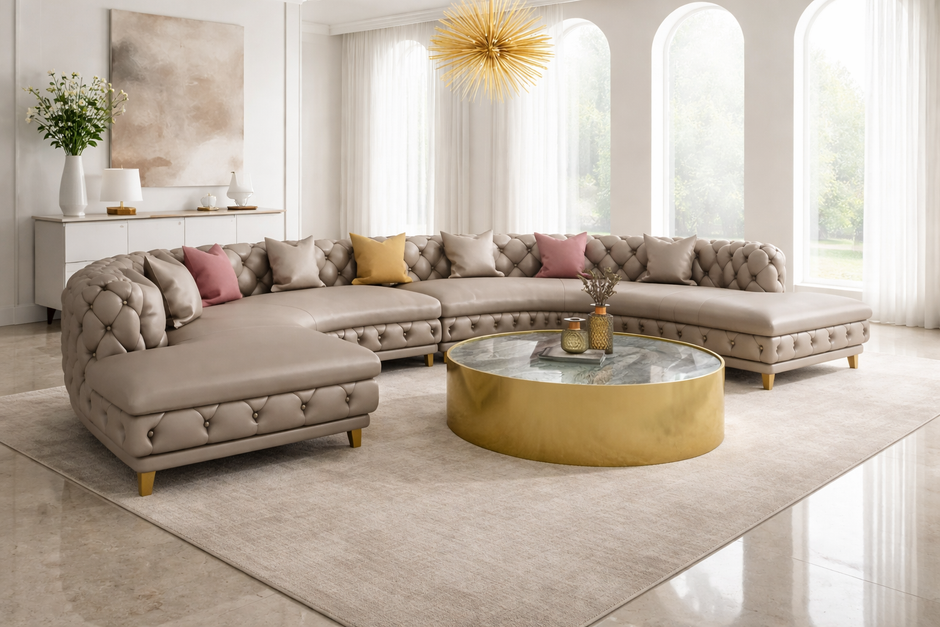 Curved Button Tufted Leather Sectional Sofa / Ruchi
