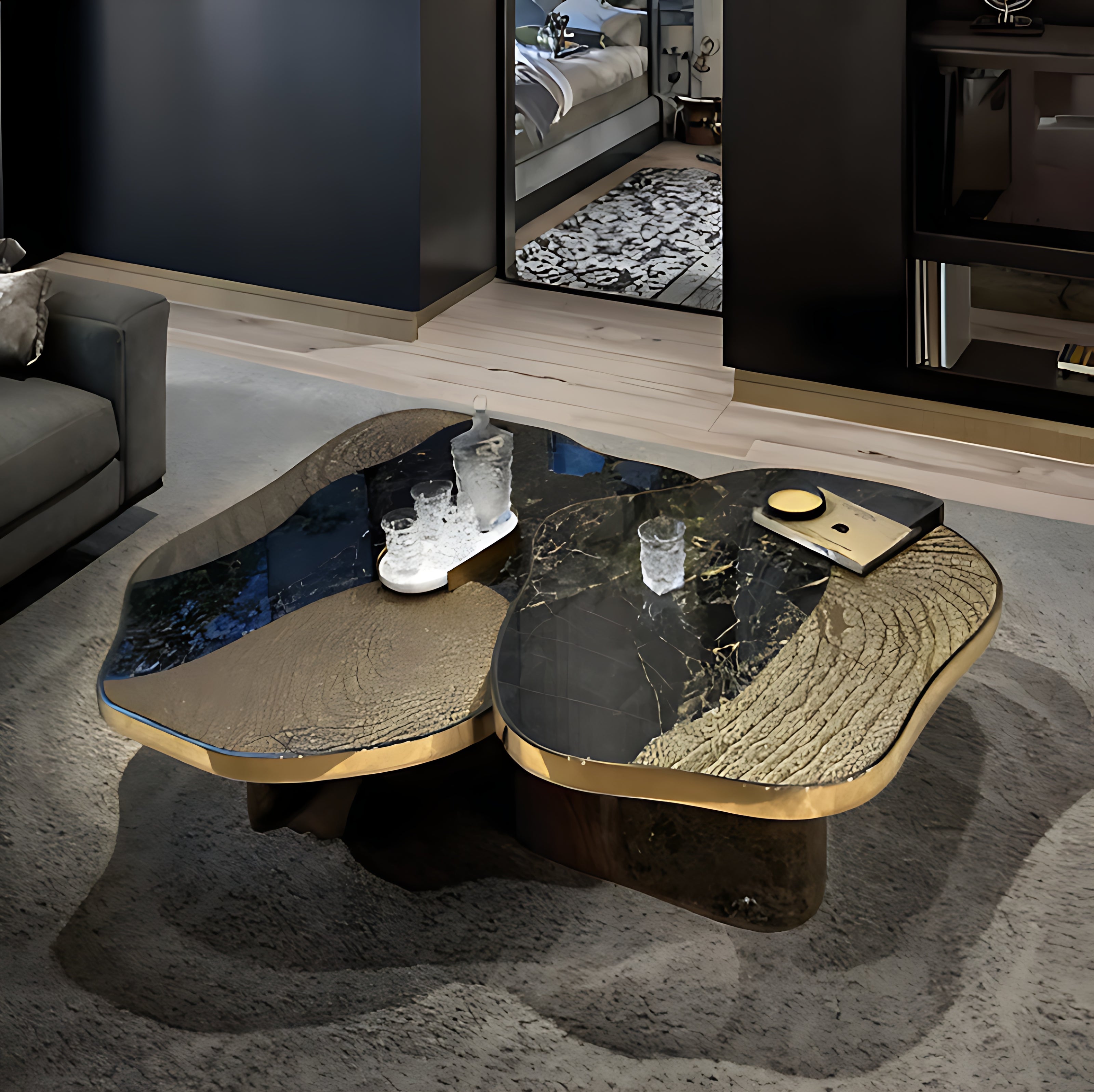 Contemporary Marble And Metal Coffee Table Set / Ruchi