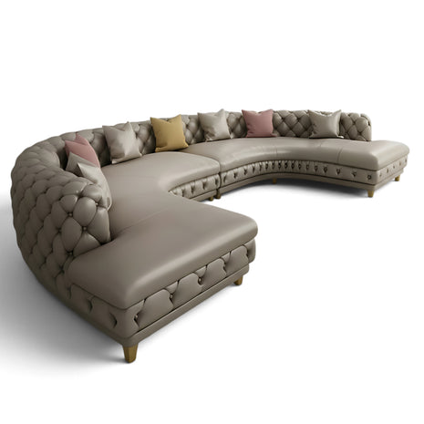 Curved Button Tufted Leather Sectional Sofa / Ruchi
