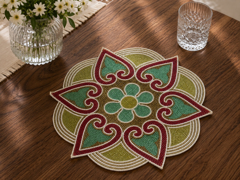 Decorative Floral Medallion Beaded Placemat Set of 2 / Ruchi