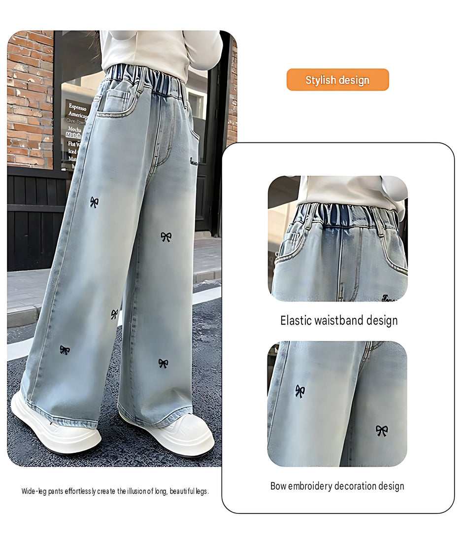 Wide-Leg Design Embroidered Denim Jeans For Girls / Ruchi