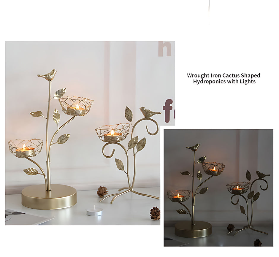 Golden Metal Bird And Branch Tealight Candle Holder / Ruchi