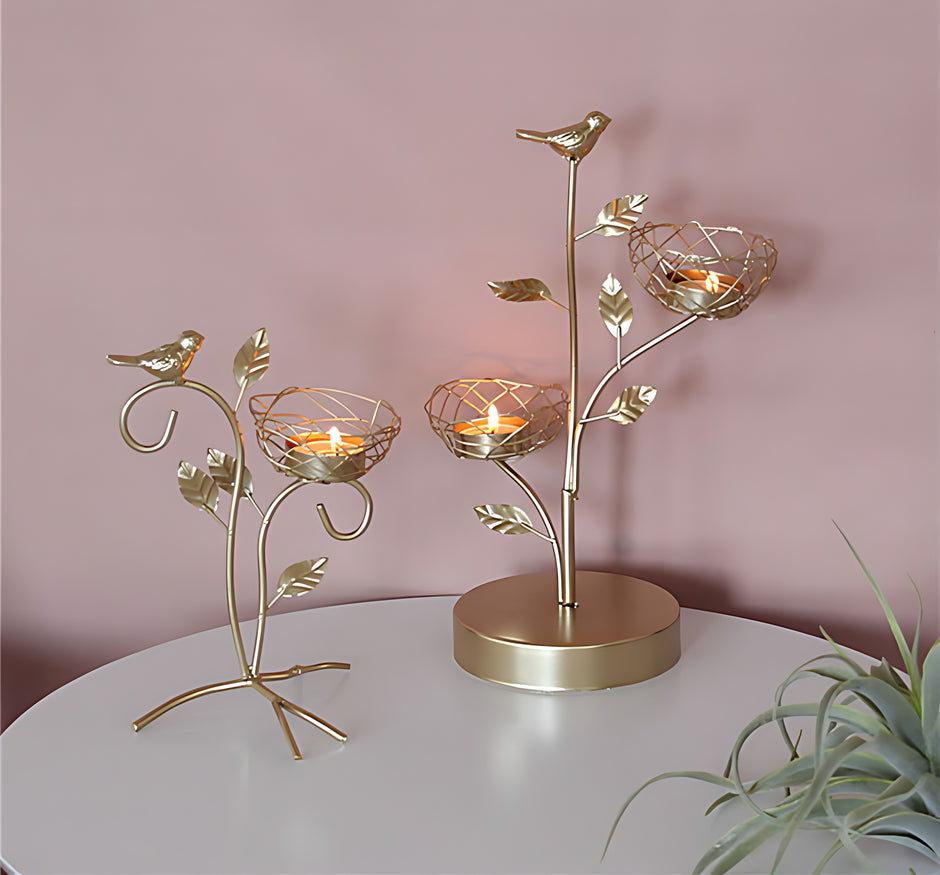 Golden Metal Bird And Branch Tealight Candle Holder / Ruchi