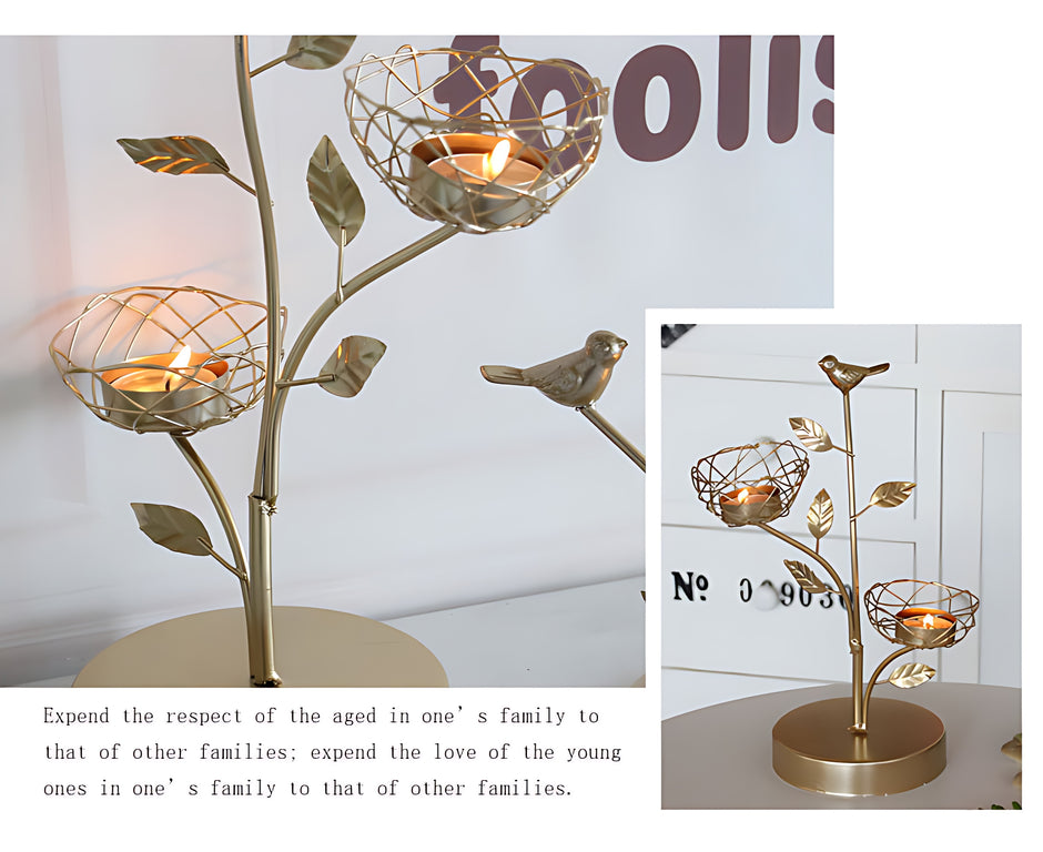 Golden Metal Bird And Branch Tealight Candle Holder / Ruchi