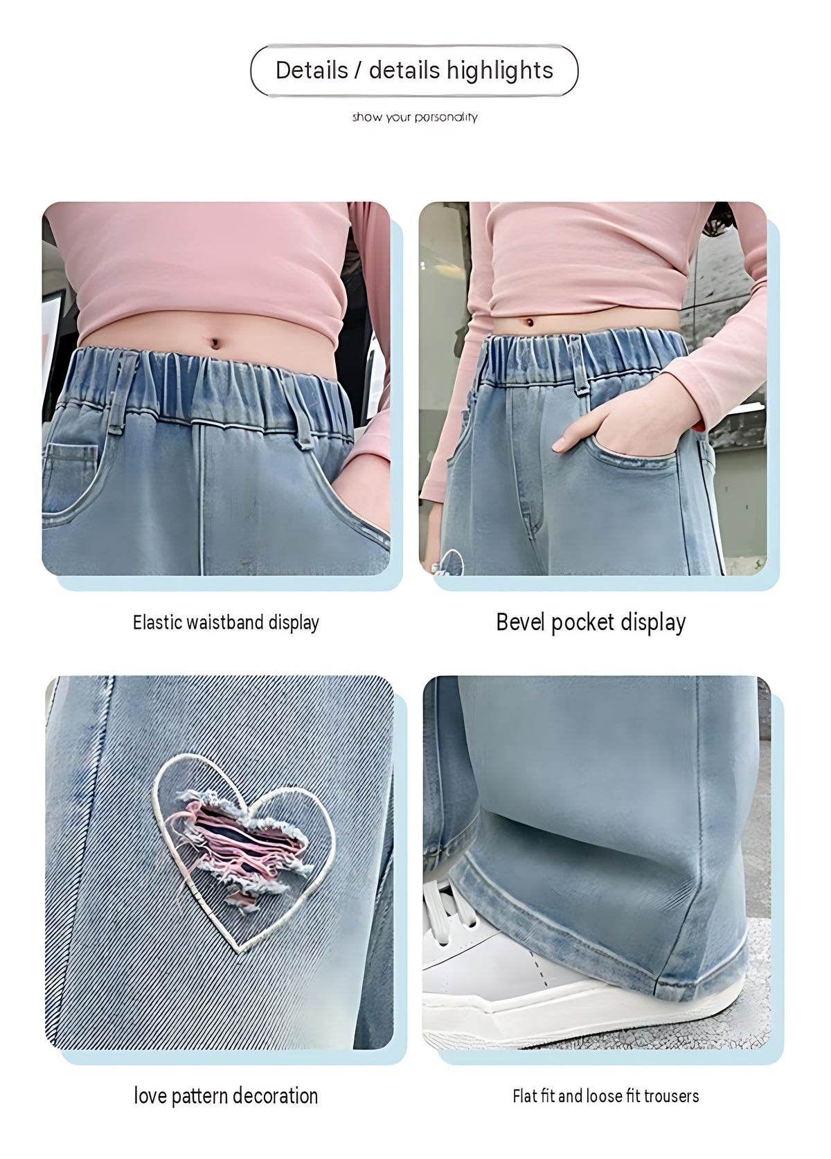 Wide-Leg Design Embroidered Denim Jeans For Girls / Ruchi