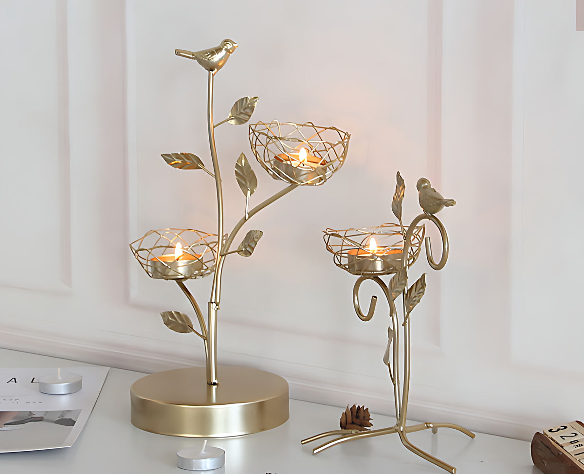 Golden Metal Bird And Branch Tealight Candle Holder / Ruchi