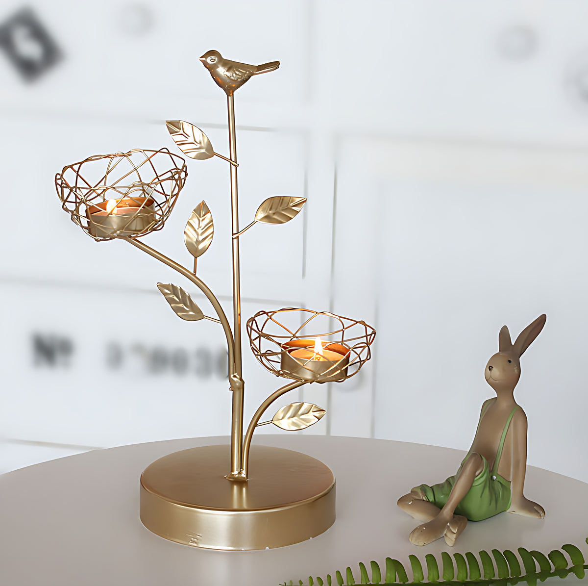 Golden Metal Bird And Branch Tealight Candle Holder