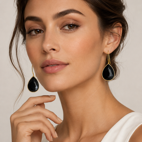 Glossy Black Stone Waterdrop Earrings