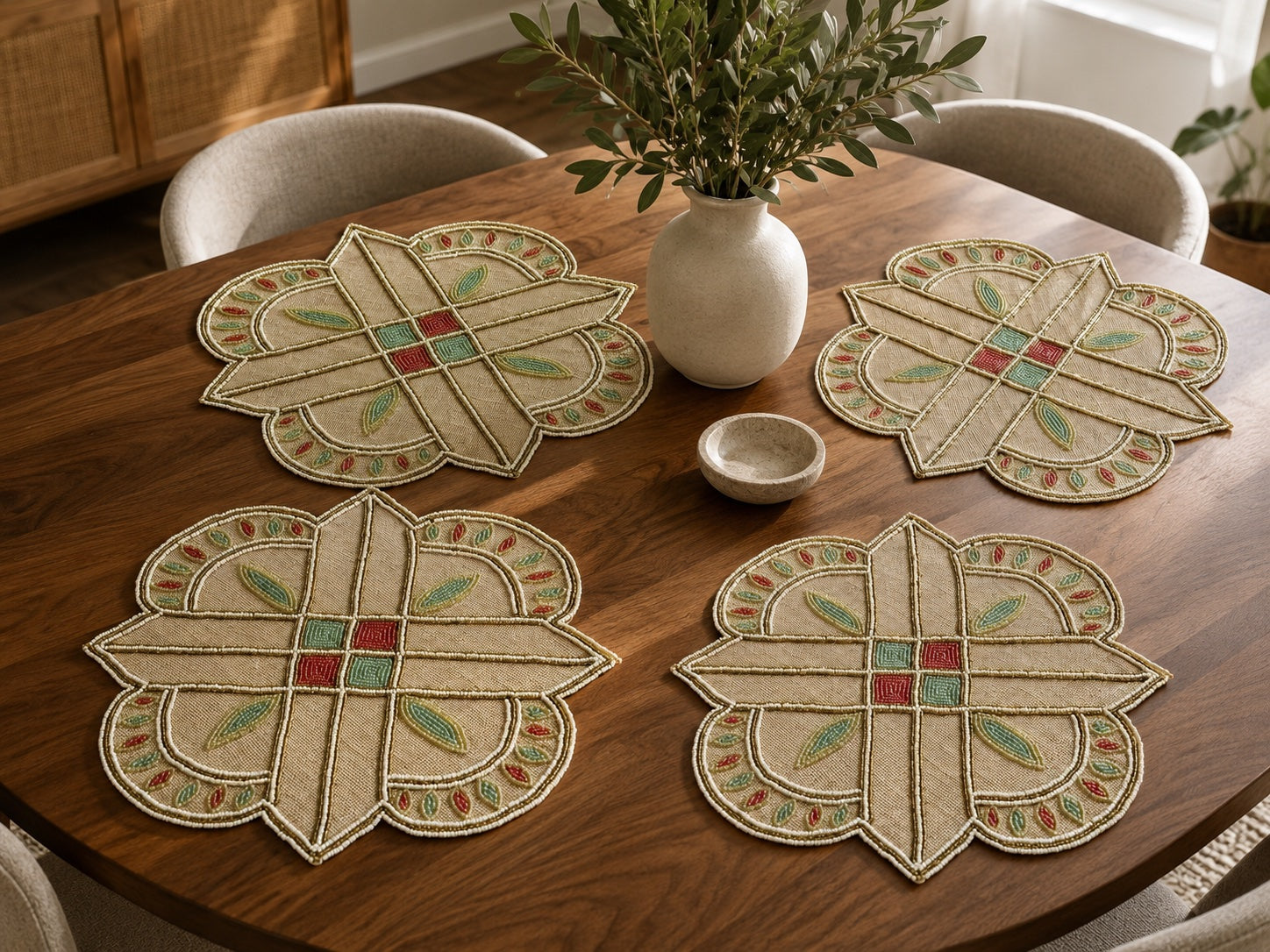 Elegant Geometric Floral Beaded Placemat Set of 2 / Ruchi