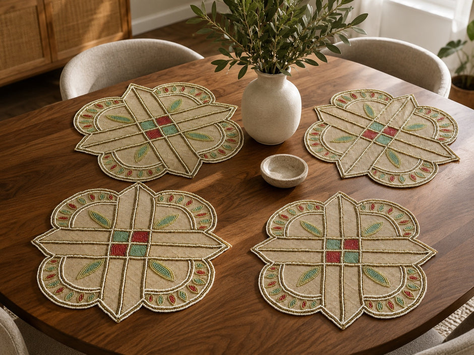Elegant Geometric Floral Beaded Placemat Set of 2 / Ruchi
