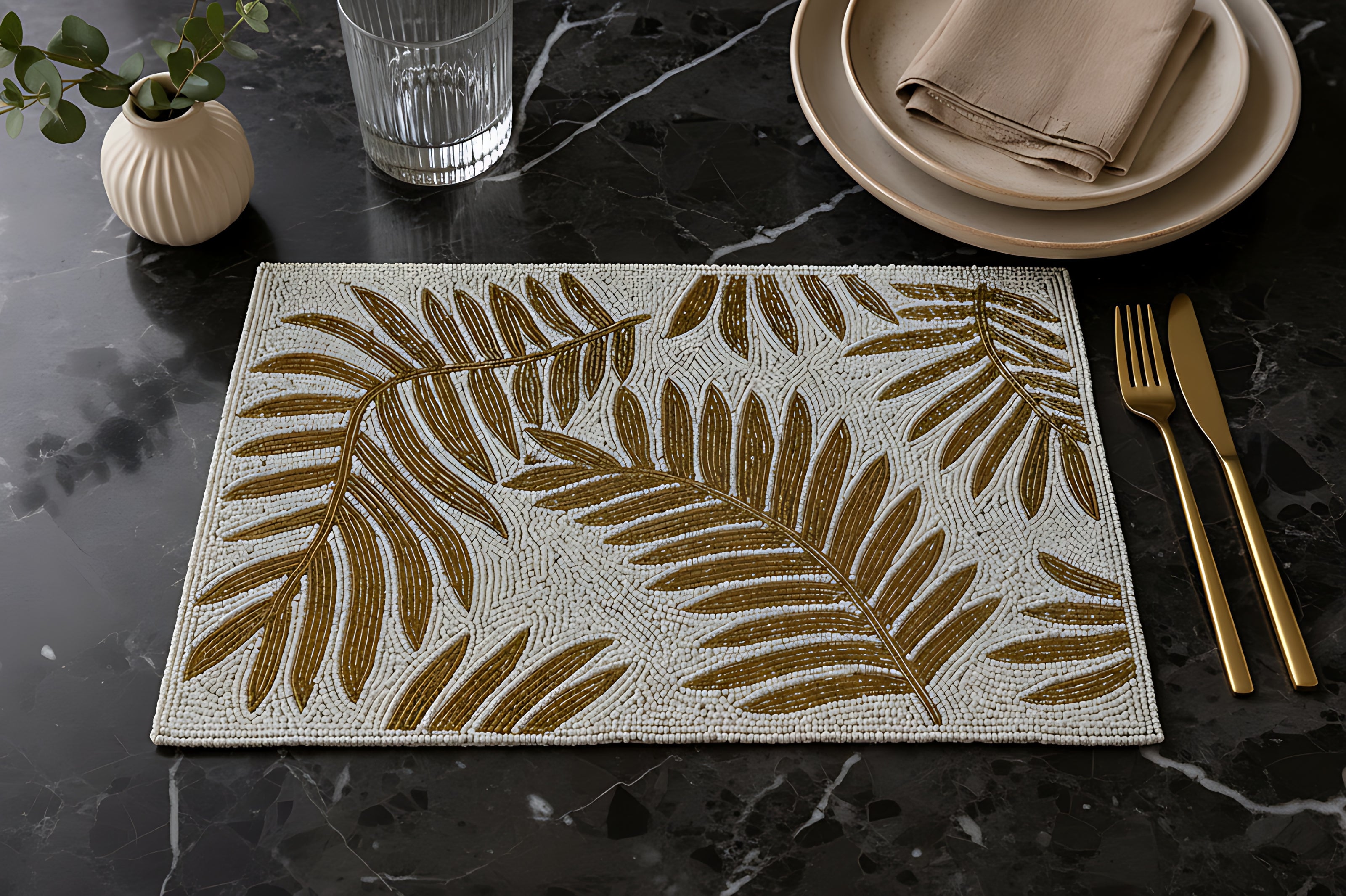 Elegant Gold Leaf Beaded Rectangular Placemat Set of 2 / Ruchi