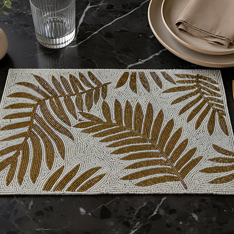 Elegant Gold Leaf Beaded Rectangular Placemat Set of 2 / Ruchi
