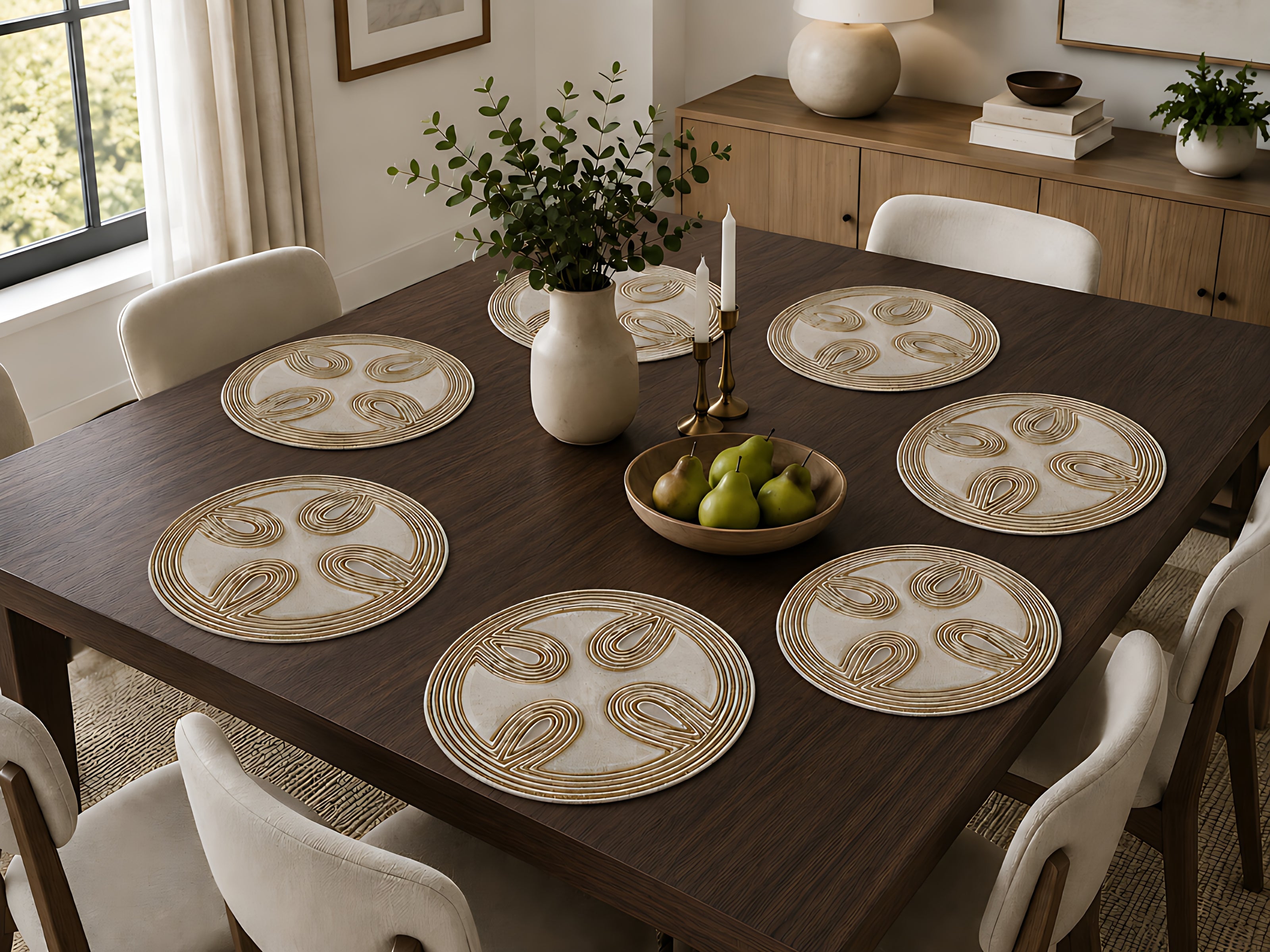 Elegant Ivory & Gold Beaded Round Placemat Set of 2 / Ruchi