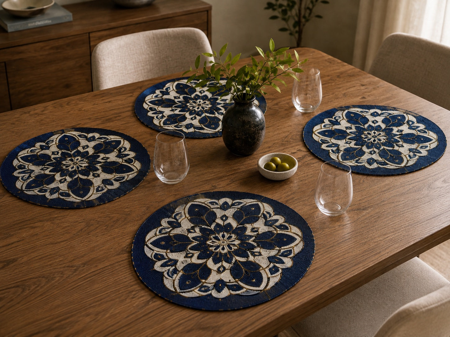 Elegant Navy Blue Floral Beaded Round Placemat Set of 2 / Ruchi