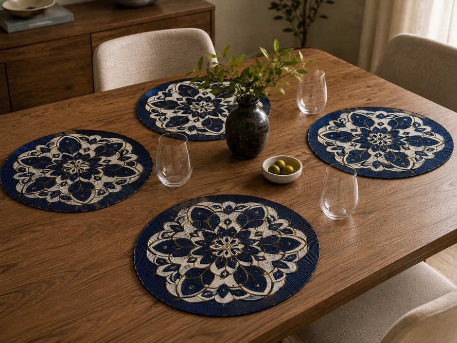 Elegant Navy Blue Floral Beaded Round Placemat Set of 2 / Ruchi