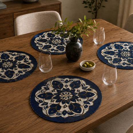 Elegant Navy Blue Floral Beaded Round Placemat Set of 2 / Ruchi
