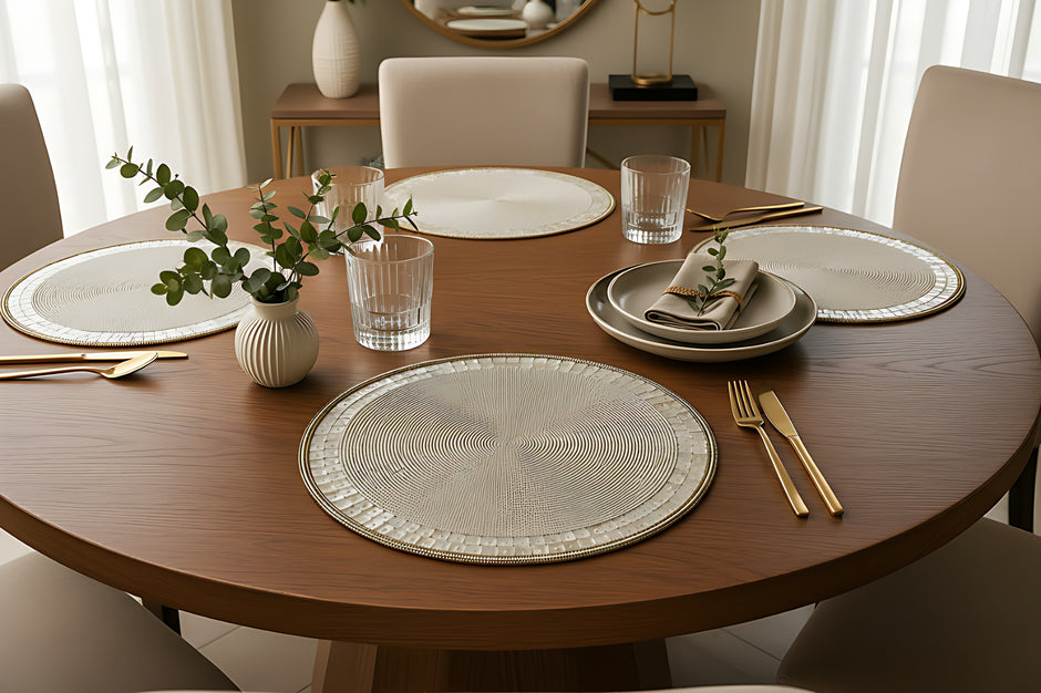Elegant Pearl White & Gold Beaded Round Placemat / Ruchi