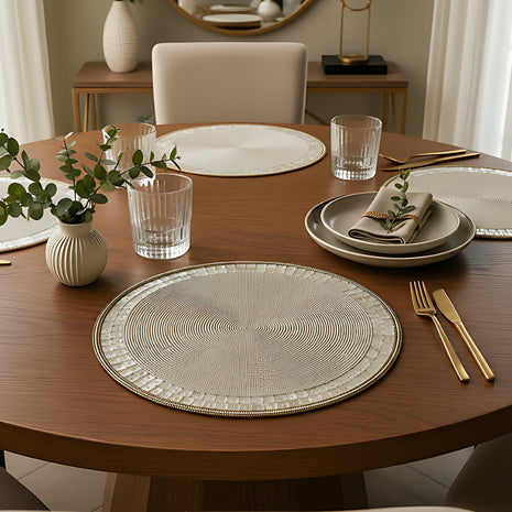 Elegant Pearl White & Gold Beaded Round Placemat / Ruchi