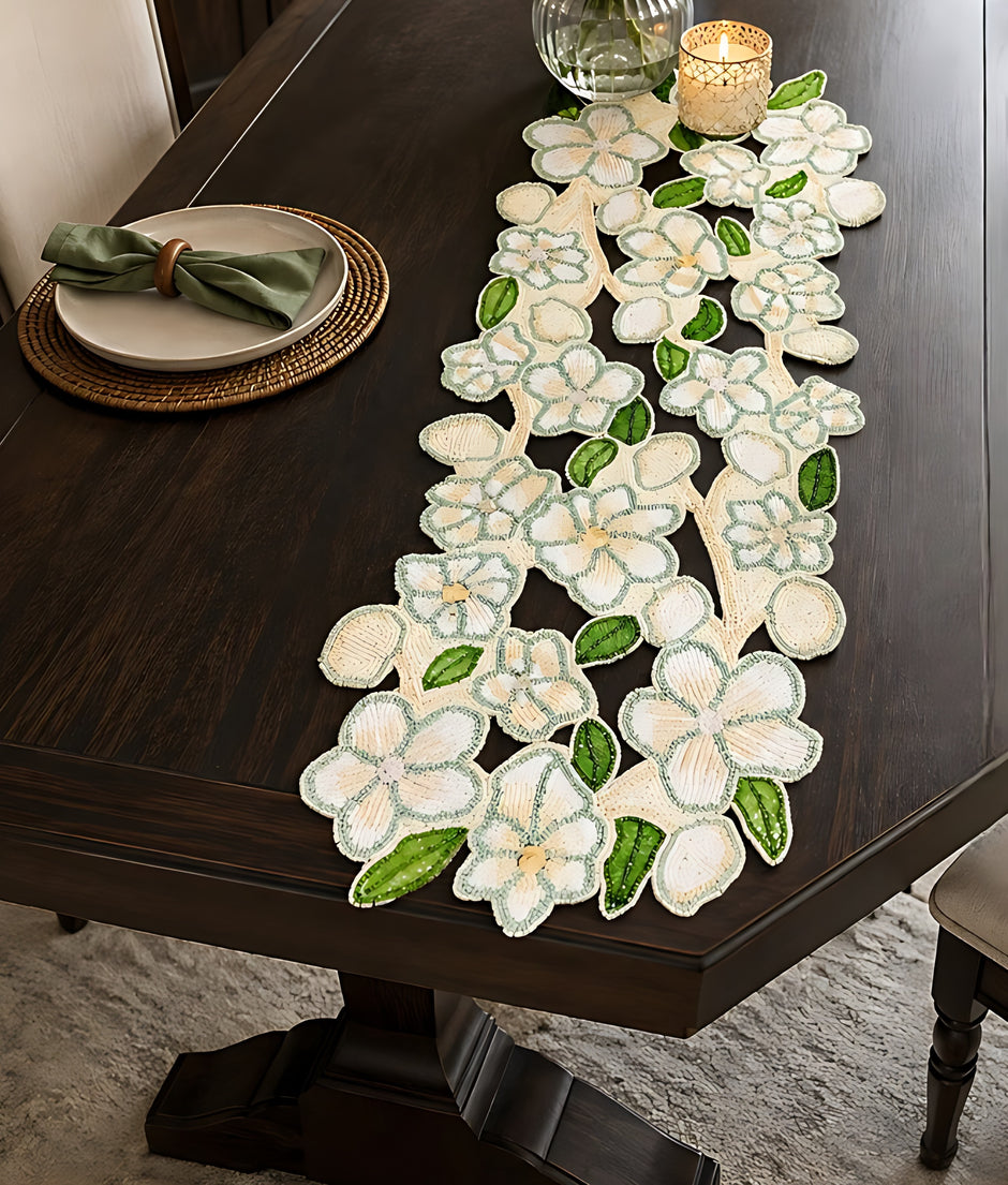 Embroidered Floral Beaded Table Runner / Ruchi