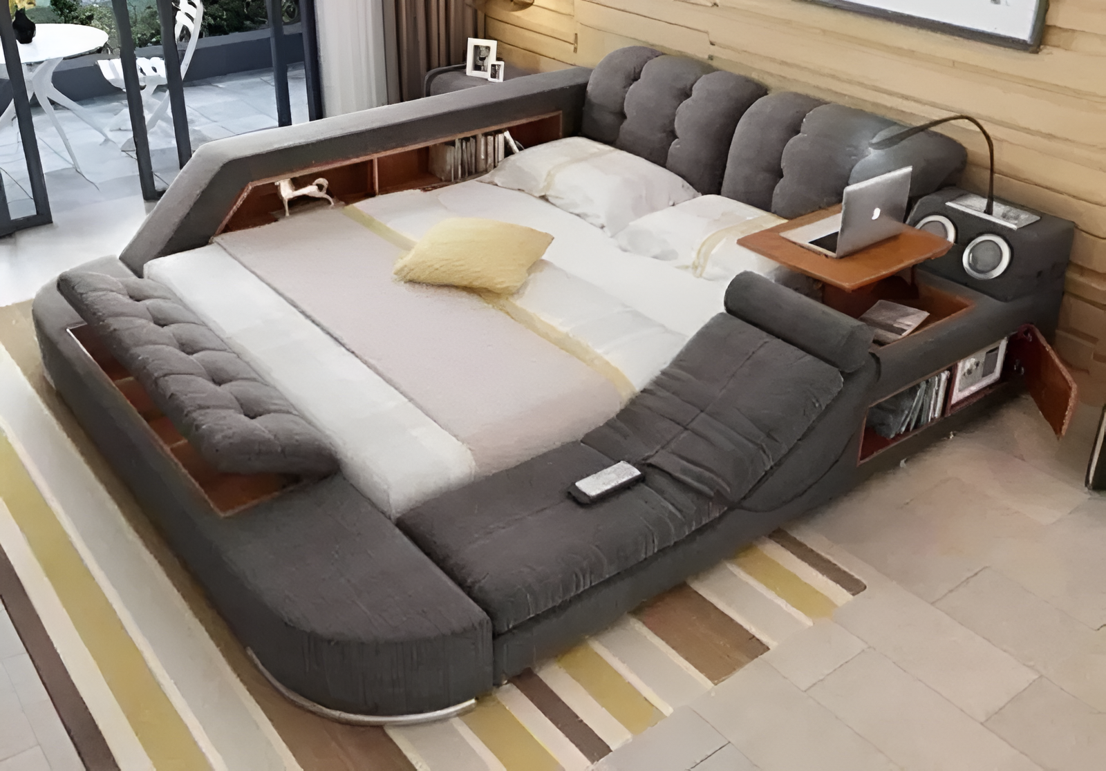 Fabric Upholstered Multifunctional Smart Bed With Storage / Ruchi