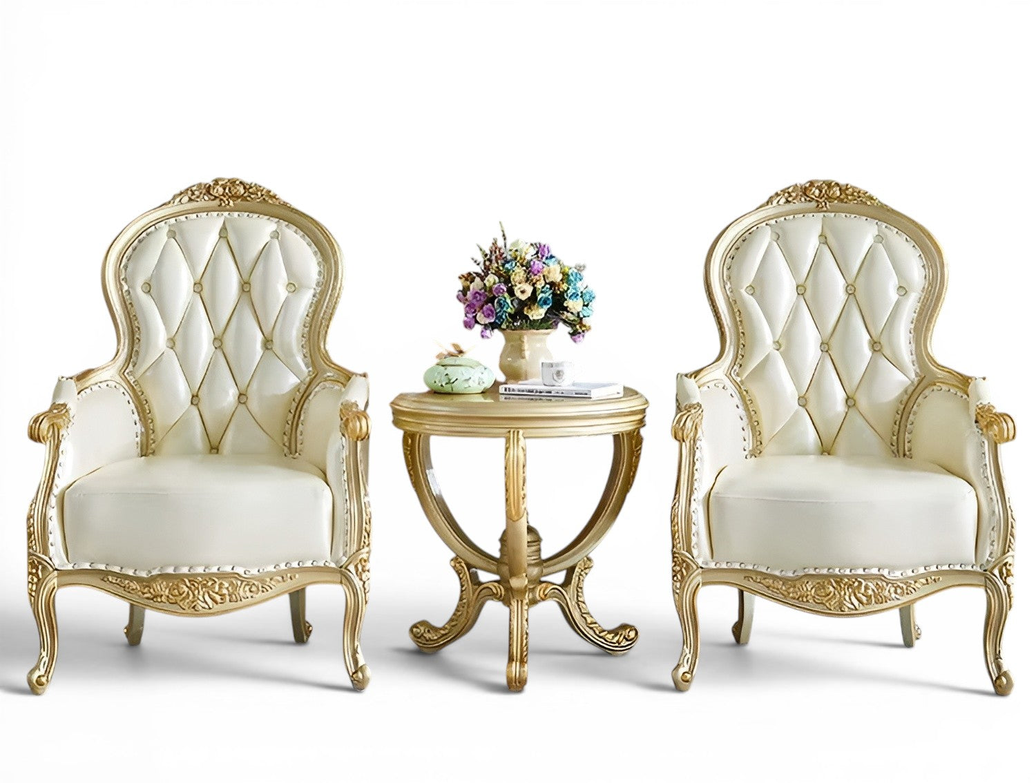 European Leather Sofa Chair And Side Table Set / Ruchi