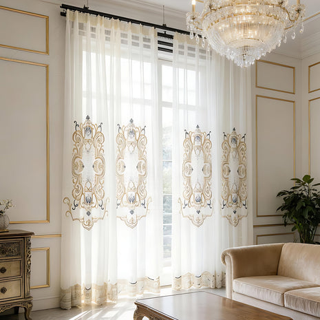 European Style Luxury Embroidered Polyester Sheer Curtain / Ruchi