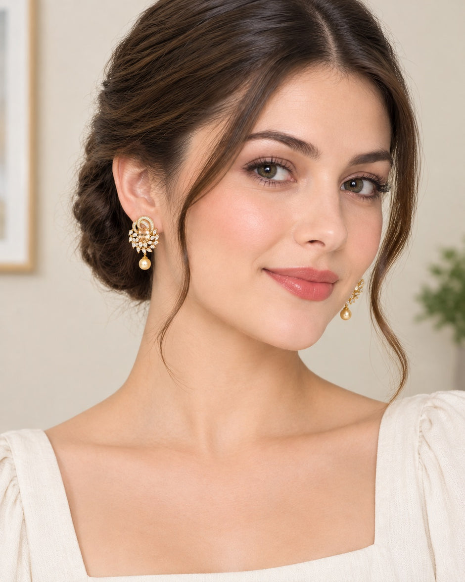 Exquisite Crystal Stone Pearl Drop Earrings / Ruchi