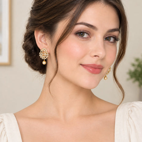 Exquisite Crystal Stone Pearl Drop Earrings / Ruchi