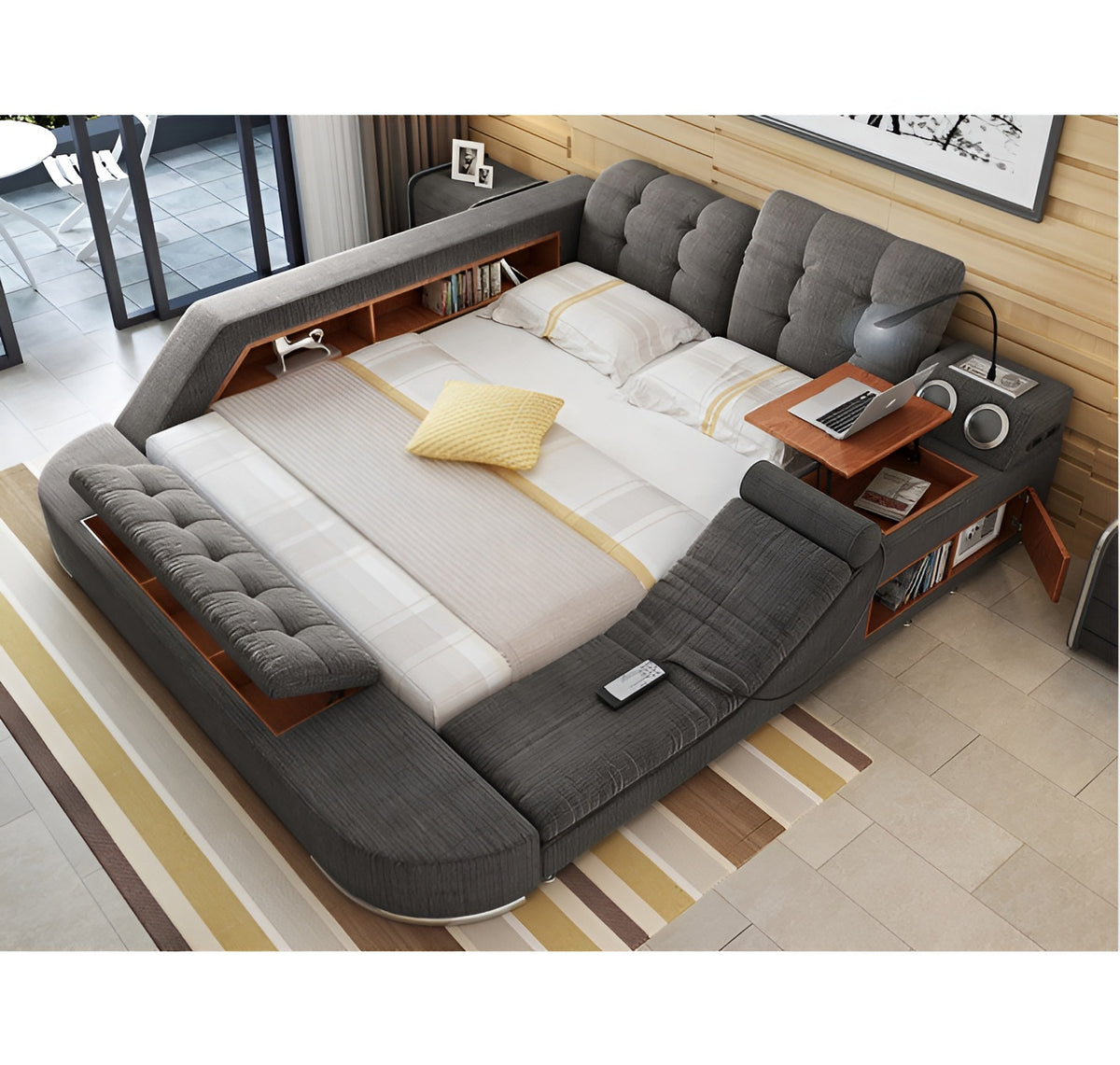 Fabric Upholstered Multifunctional Smart Bed With Storage / Ruchi