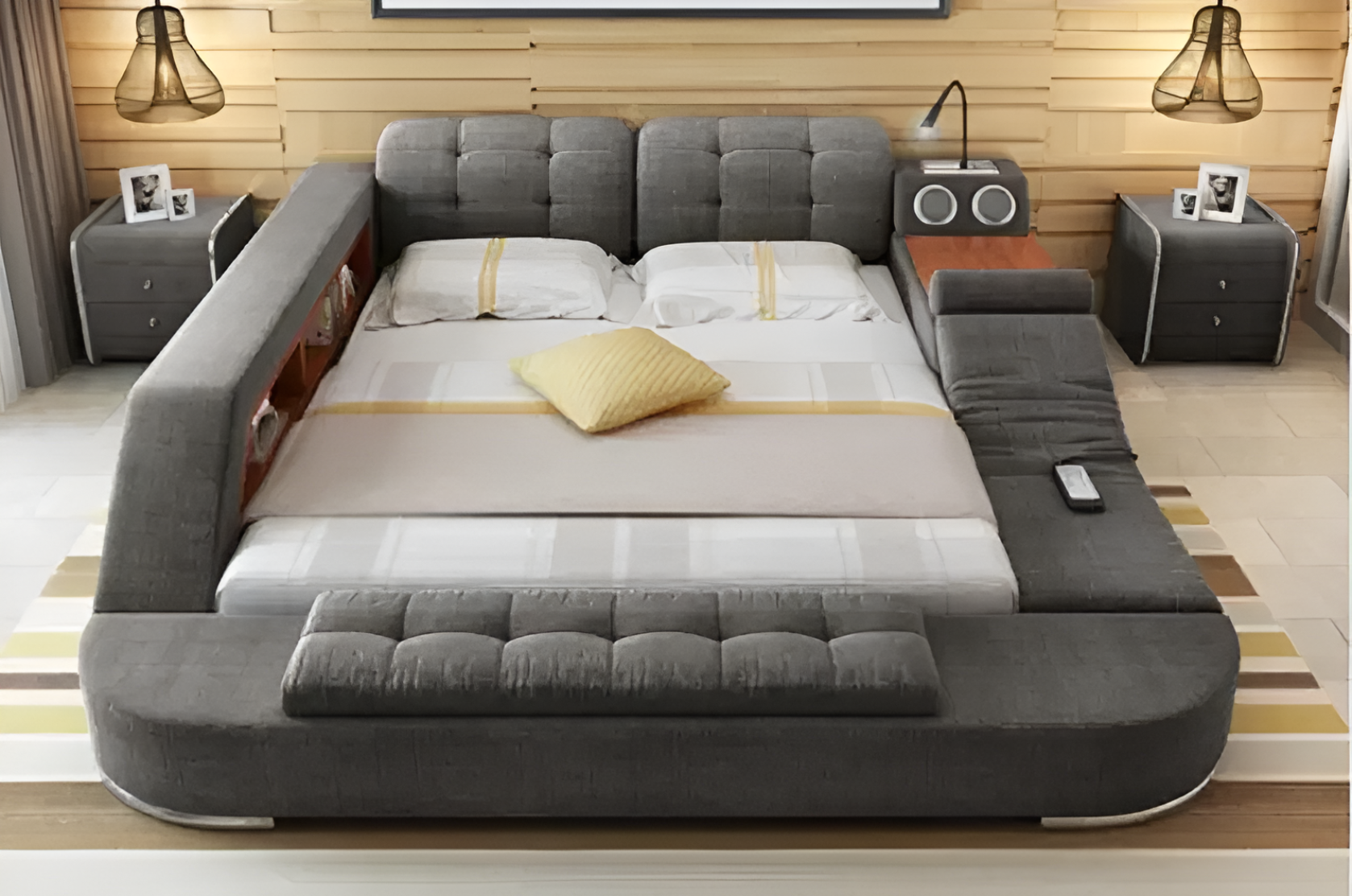 Fabric Upholstered Multifunctional Smart Bed With Storage / Ruchi