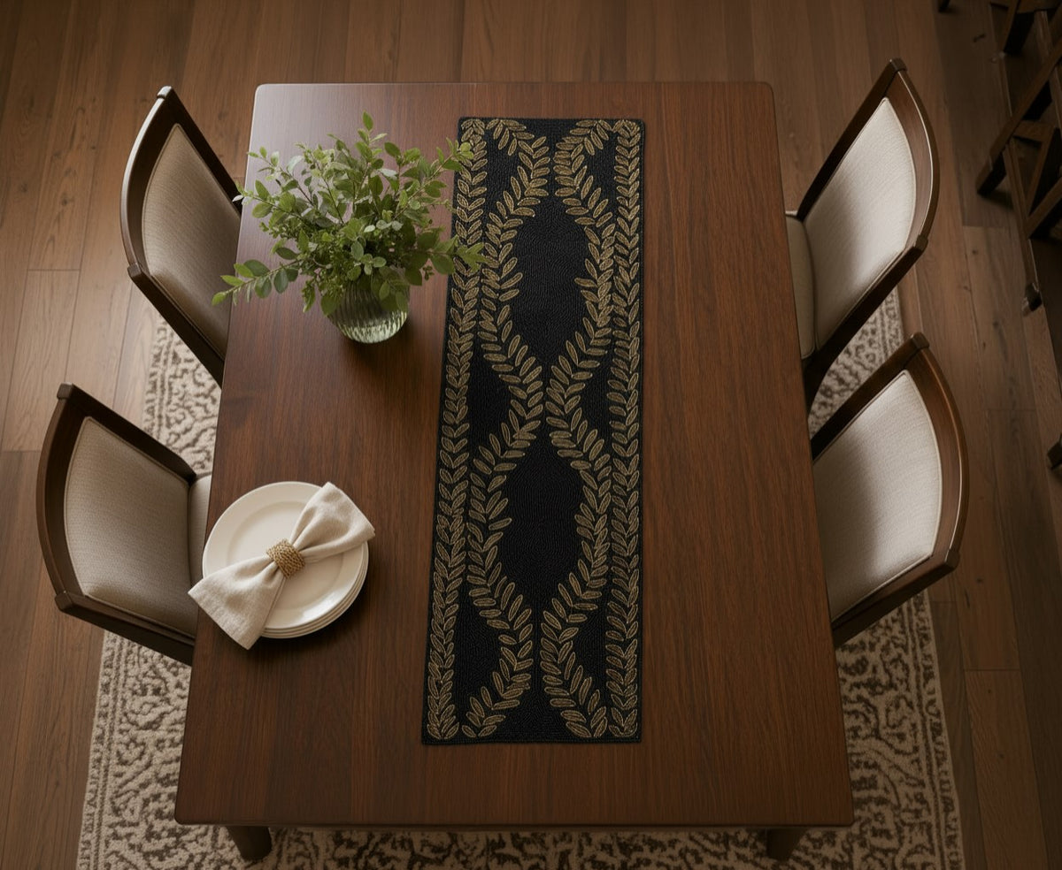 Handcrafted Black & Gold Beaded Table Runner / Ruchi