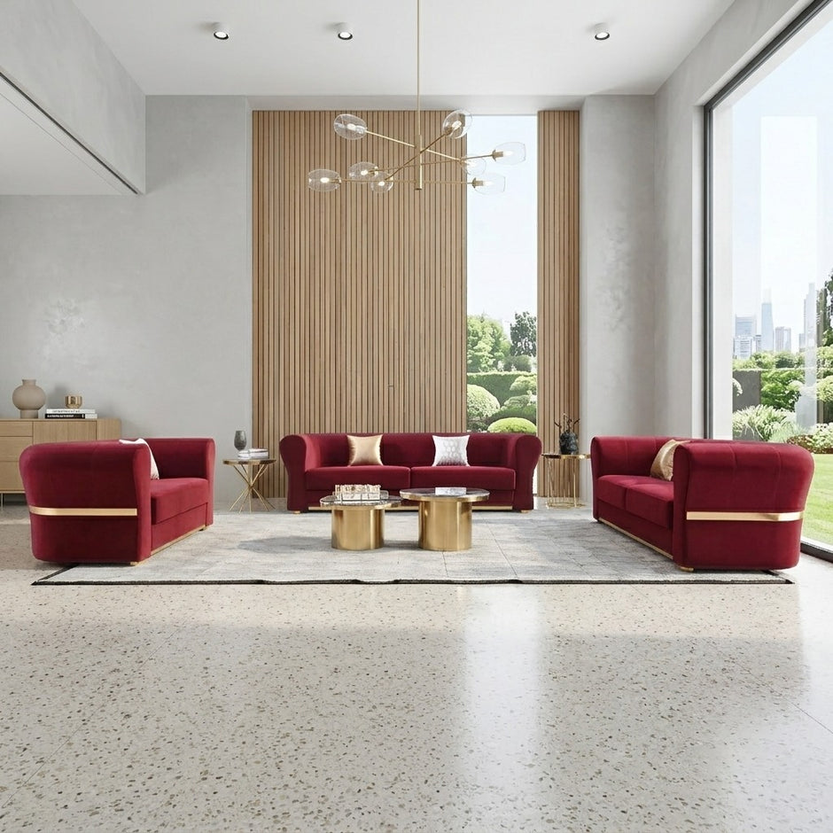 Minimalist Velvet Upholstered 3 Pcs Maroon Sofa Set / Ruchi