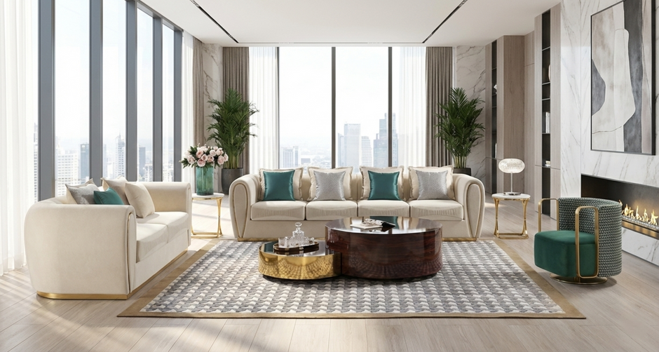 Post Modern 3 Pieces Fabric Upholstered Sofa Set / Ruchi
