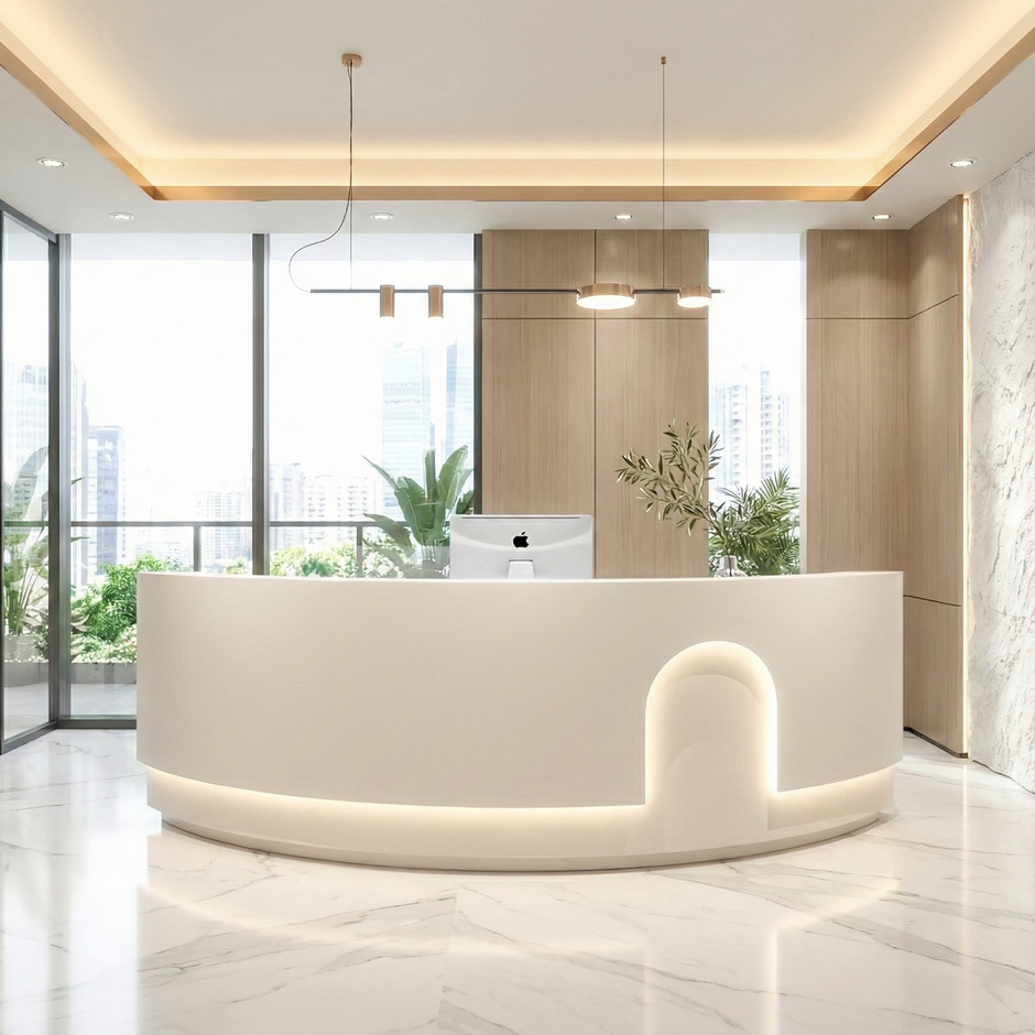 Modern LED Curved Wooden Reception Desk / Ruchi
